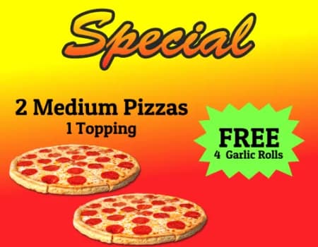 2 Medium Pizzas + FREE Rolls
