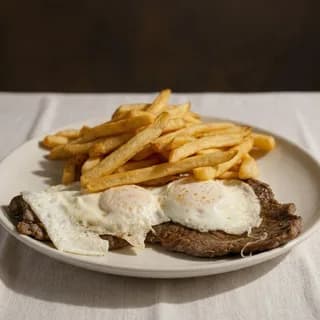 Bistec Y Huevos Fritos Con Papitas Fritas